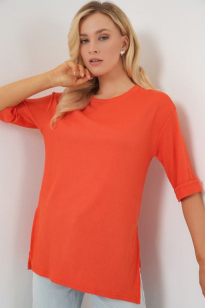 Bigdart 4332 Knitted T-Shirt with Side Slits - Orange