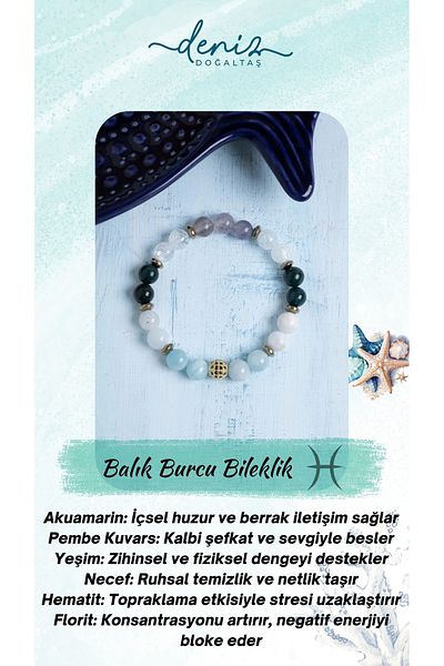 Deniz Doğal Taş Certified Aquamarine and Fluorite Pisces Natural Stone Bracelet
