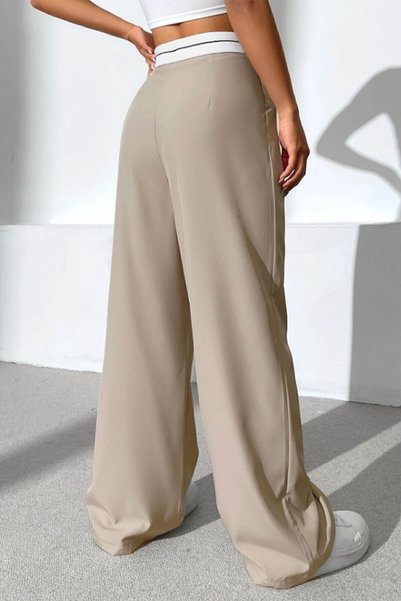 Fovere Women's Beige Waist Detailed Fabric Palazzo Trousers
