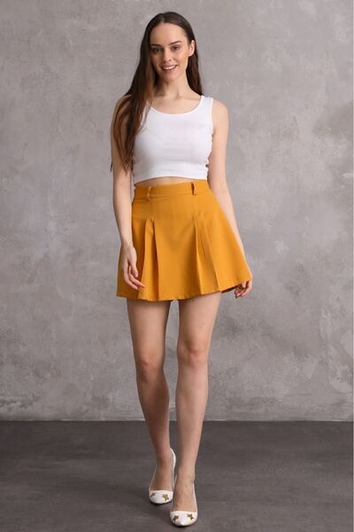 Fovere Kadın Hardal Atlas Kumaş Kemer Köprülü Pileli Şort Etek