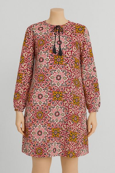 nacar çarşı Pink Ground Floral Pattern Women's Summer Closed Collar Lace-Up Tunic – Elastic Sleeve, Relaxed Fit