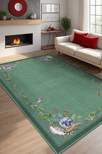 AIDA HOME Sing Floral Desenli Pamuk Tabanlı Yıkanabilen Kaydırmaz Antibakteriyel Şönil Salon Halısı