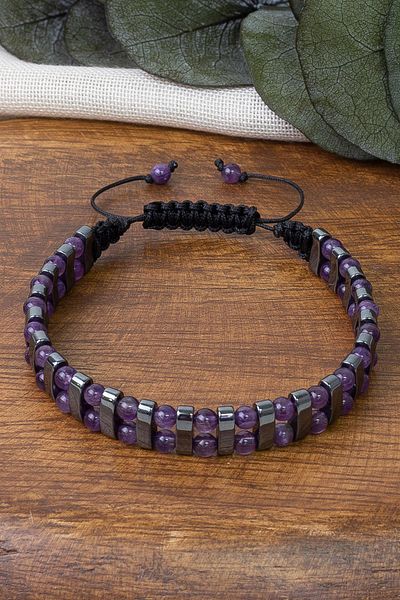 Dünya Doğal Taş Amethyst Stone and Hematite Stone Bracelet