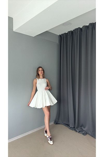 AlisaSu Ecru Thick Strap Balloon Skirt Short Dress