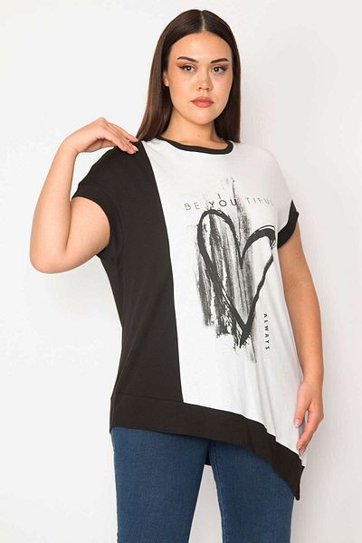 Şans Women's Large Size Bone Front Printed Color Combination Blouse 65n30505