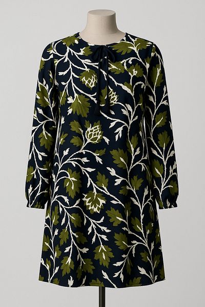 nacar çarşı Navy Blue Green Leaf Patterned Women's Summer Lace-Up Collar Tunic – Elastic Sleeve