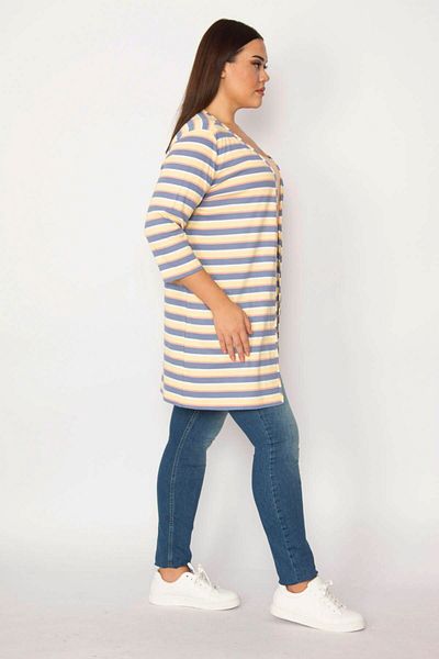 Şans Women's Large Size Indigo Cotton Fabric Striped Cardigan 65n29655