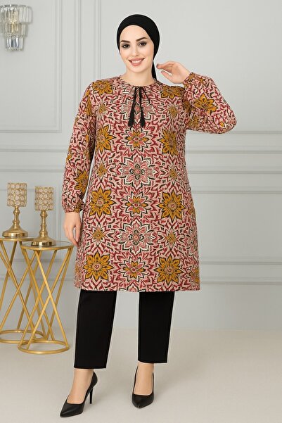 nacar çarşı Çiçek Desenli Kadın Yazlık Tunik - Bağcıklı Yaka, Uzun Kol