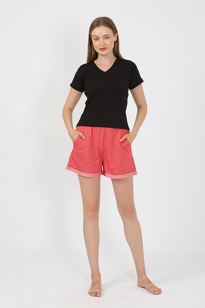 Akbeniz Set pijamale de damă cu pantaloni scurți din bumbac pieptănat negru - mânecă scurtă 3633