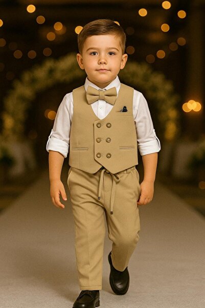 Terry Knitted Model Suit Men with Vest / Vest Suit with Bow Tie / Shirt-Vest-Pants Suit