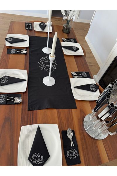 Menar Tasarım Lotus Flower Embroidered Runner Napkin Spoon Holder Service Set 6 Person Dining Table Cloth Set