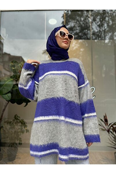 QOOQ STORE Μωβ στενό ριγέ γυναικείο πουλόβερ από μοχέρ τζαζ