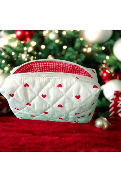 nartella Love Heart Red Lining Heart Makeup Bag – Quilted Fabric, Cosmetic Organizer