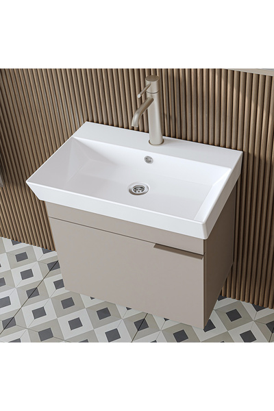 ROOMART Likya Lavabolu Banyo Dolabı Takımı, Mdflam Tek Kapaklı Lavabolu 59 Cm Banyo Alt Dolabı + Üst Dolabı