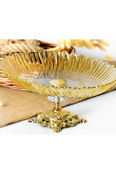Elta Collection Aurora Oval Gold Footed Glass Serving Plate Presentation Plate |   25 × 35 cm Footed Plate