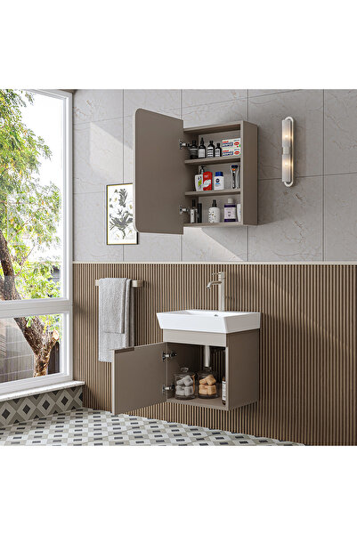 ROOMART Likya Mdflam Tek Kapaklı Lavabolu 49 Cm Banyo Dolabı + Üst Dolabı, Mini Lavabolu Banyo Dolabı Takımı