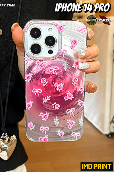 EWEC iPhone 14 Pro Uyumlu Pembe Gül ve Fiyonk Temalı Hologramlı Ins Style IMD...
