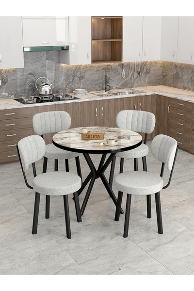 Mygusi Azra Mutfak Masa Takımı  90 Cm Masa Beyaz Mermer + 4 Sandalye