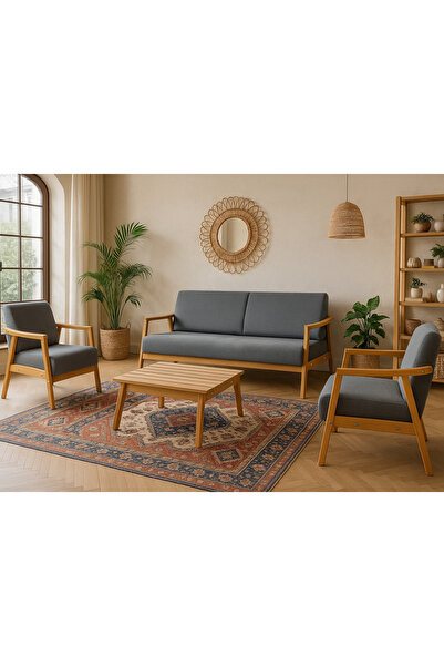 Zem Favela Bohem Çay Seti Natürel Ahşap, Gri (1 ADET İKİLİ BERJER 2 ADET TEKL...