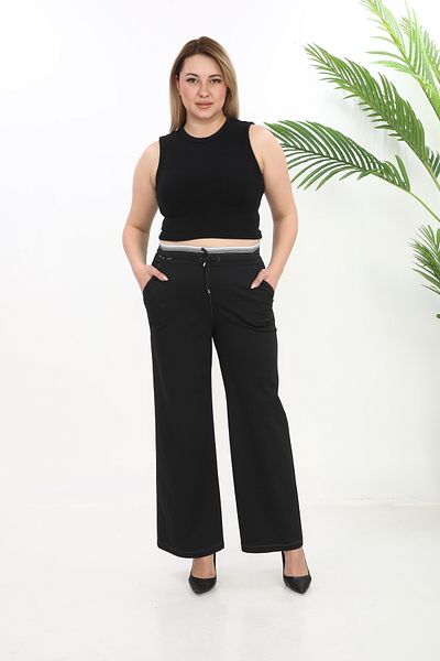 EXİTLİNE Women's Rubber Belted Stoned Summer Black Trousers