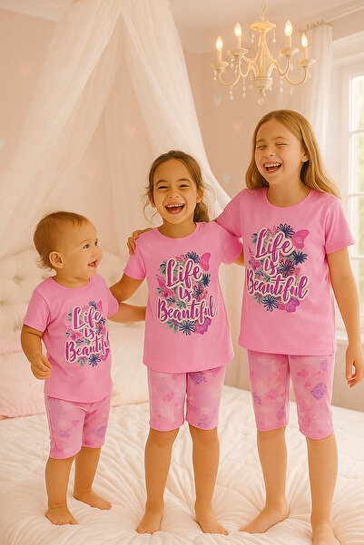 Masal Dünyası Bursa Life Is Beatiful Yazılı Tropik Desenli Kız Çocuk Kapri Pi...