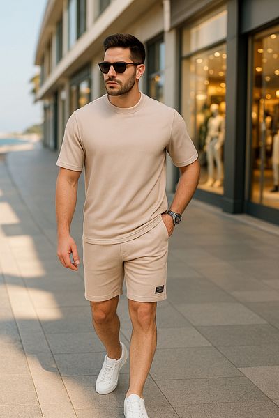 Pobudo Beige Oversize T-Shirt and Shorts Set