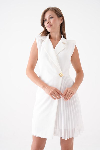 4S1B FASHION Πλισέ Φούστα και Διπλό γιακά Λευκό Βραδινό Φόρεμα - Αρραβώνας 24K2179