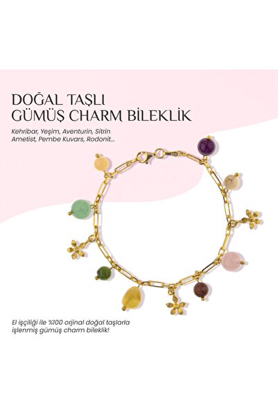 OSMANLI DOĞAL TAŞ Doğal Taşlı Gümüş Charm Bileklik Kehribar, Pembe Kuvars, Av...