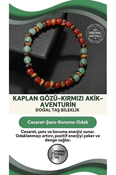 OSMANLI DOĞAL TAŞ KAPLAN GÖZÜ KIRMIZI AKİK AVENTURİN DOĞAL TAŞLI BİLEKLİK