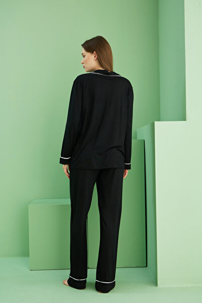 Siyah İnci Cămașă neagră, guler, cu nasturi, cu mânecă lungă, din viscoză, cu potrivire largi, costum de pijama7829