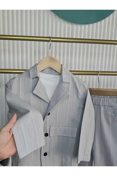 Prime Butik Gray Striped Linen Boy ✧   3 Piece Set Pants & Jacket Set |   Stylish – Elegant – Casual Combination