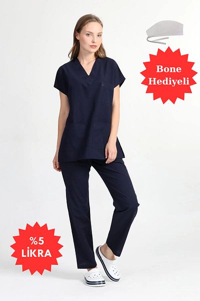 BAŞAK Navy Blue Lycra Cotton Scrubs - Yarasakol Doctor Nurse Jersey
