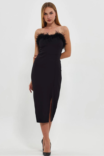 Lava Butik Μαύρο βελούδινο βραδινό φόρεμα με λεπτομέρεια μαύρο φόρεμα με σκίσιμο