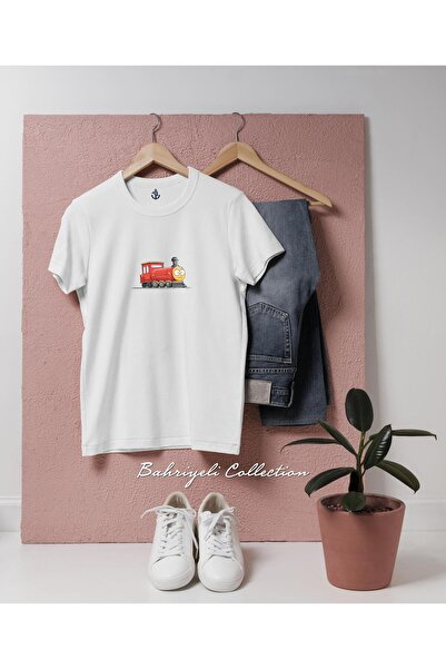 Bahriyeli Collection تي شيرت للجنسين بتصميم قطار كرتوني مبتسم كبير الحجم
