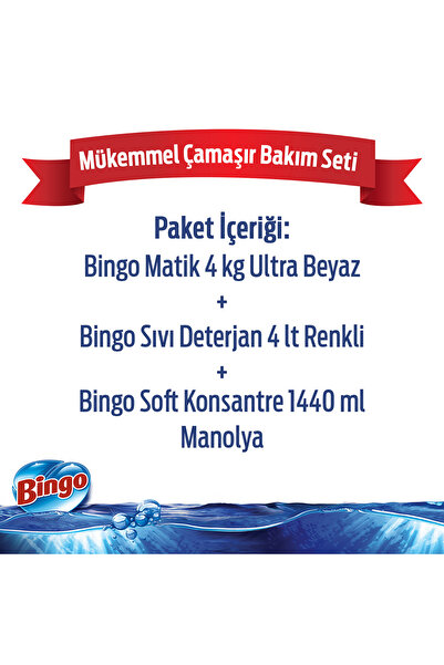 Bingo "mükemmel Çamaşır Bakım Seti ; 4 Kg Toz Çamaşır Deterjanı Ultra Beyaz Sıvı Deterjan 4 L Renkli Ko