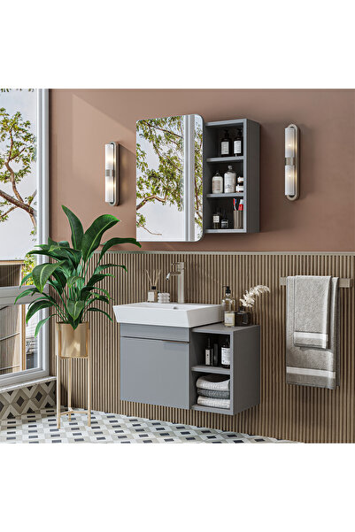 ROOMART Likya Mdflam Lavabolu Banyo Dolabı Takımı, Tek Kapaklı 72 Cm Lavabolu Banyo Alt Dolabı + Üst Dolabı