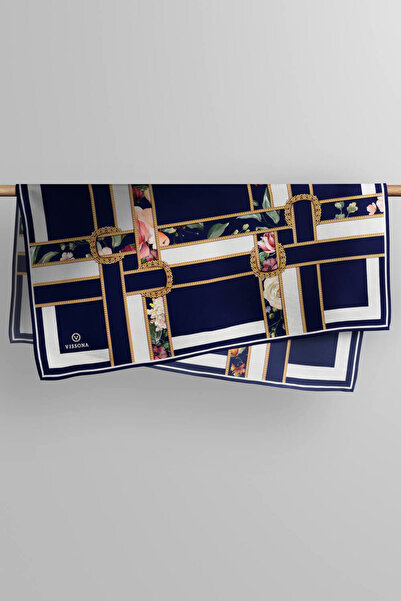 Vissona 100% Twill Silk Strips Ζώνη και μοτίβο λουλουδιών Navy Blue - Κρεμ Χρώμα 90x90 Φουλάρι Σχήμα φύτευσης: