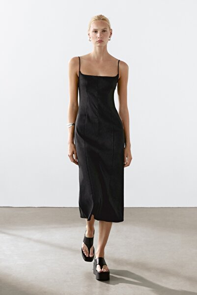 Massimo Dutti Askılı keten midi elbise