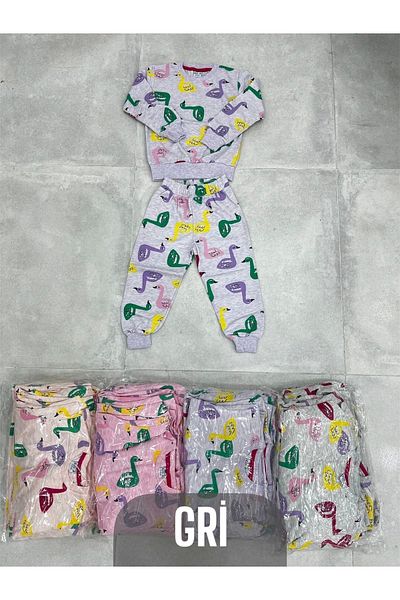 Erdenay Tekstil Colorful Goose Patterned Two Thread Girl's Pajamas Set