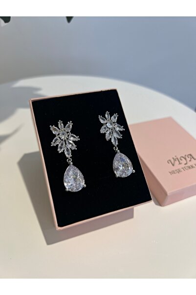 VİYA Sauge Kadın Gümüş Renk Zirkon Taşlı Abiye Düğün Nişan Söz Parti Davet Hediye Küpe