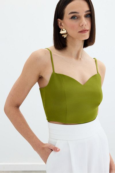 Sateen Oil Green Satin Crop Blouse - Rope Strap