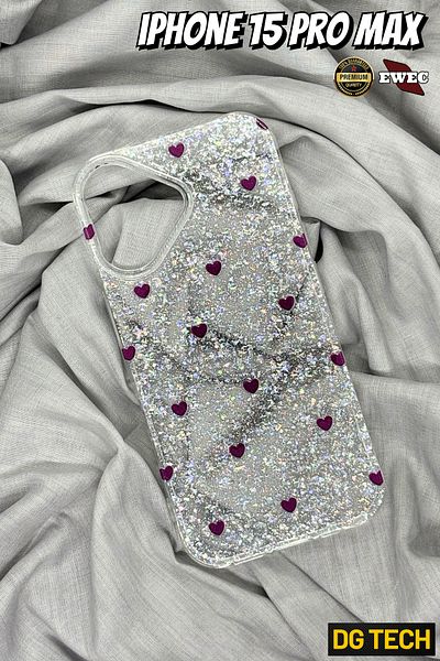 EWEC iPhone 15 Pro Max Compatible Purple Tiny Heart Glitter Transparent Glitter Premium Phone Case