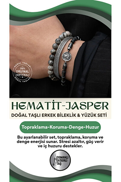 OSMANLI DOĞAL TAŞ Sertifikalı 925 Ayar Gümüş Hematit Jasper Doğal Taşlı Erkek...