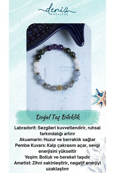 Deniz Doğal Taş Certified Labradorite, Amethyst and Pink Quartz Natural Stone Bracelet