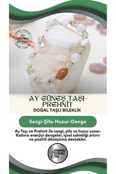 OSMANLI DOĞAL TAŞ Doğal Taş Kadın Bileklik Ay Güneş Taşı Prehnit