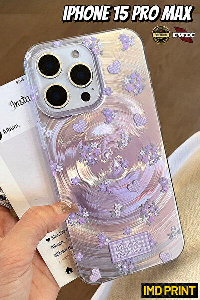 EWEC iPhone 15 Pro Max Uyumlu Mor Çiçek ve Kalpli Purple Garden Hologramlı IM...