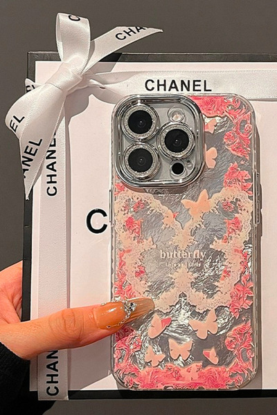 EWEC iPhone 15 Pro Compatible Hologram Premium Phone Case with Butterfly and Flower Glitter Lens Protector
