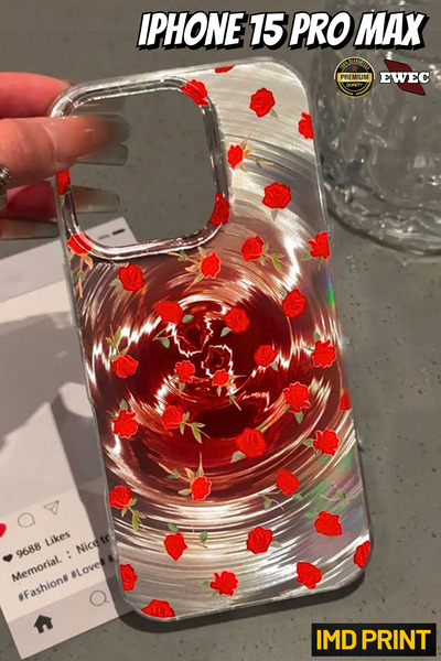 EWEC İphone 15 Pro Max Uyumlu Kırmızı Gül Tasarımlı Hologramlı Ins Style Imd ...