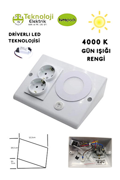 TEKNOLOJİ ELEKTRİK Dolap Tezgah Altı 2'li Priz Ve 3 Watt Anahtarlı Led Spot Aydınlatma (BEYAZ KASA) 1 adet