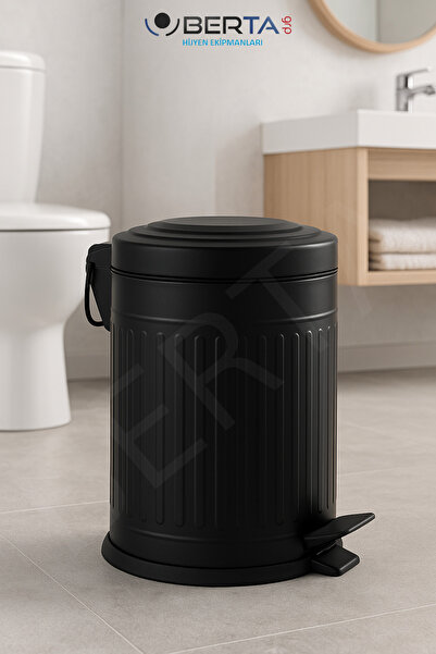 Berta Hijyen Vintage Dörtlü Siyah Banyo Seti Çöp Kovası Tuvalet Fırçası Diş Fırçalık Sıvı Sabunluk Metal